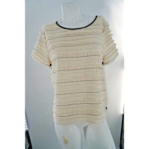 Vince Camuto Womens Size M White Fuzzy Fringe Striped Blouse Black Contrast Trim